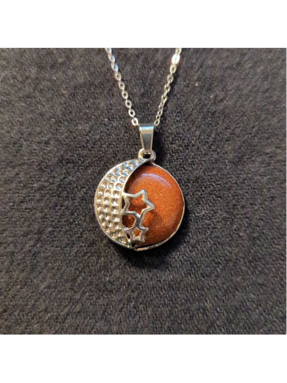 Silver Tone Brown Goldstone Gemstone Moon and Stars Pendant Statement Necklace